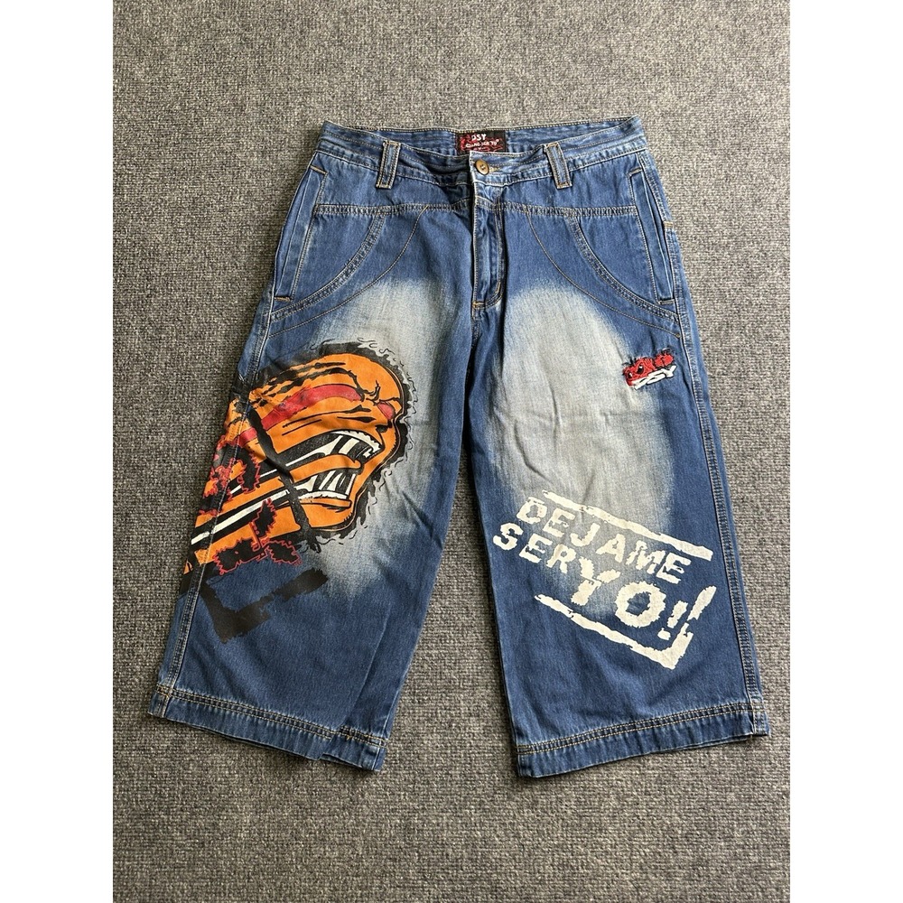 Mens DSY Dejame Ser Yo Baggy Denim Shorts Graphic Blue, Size M